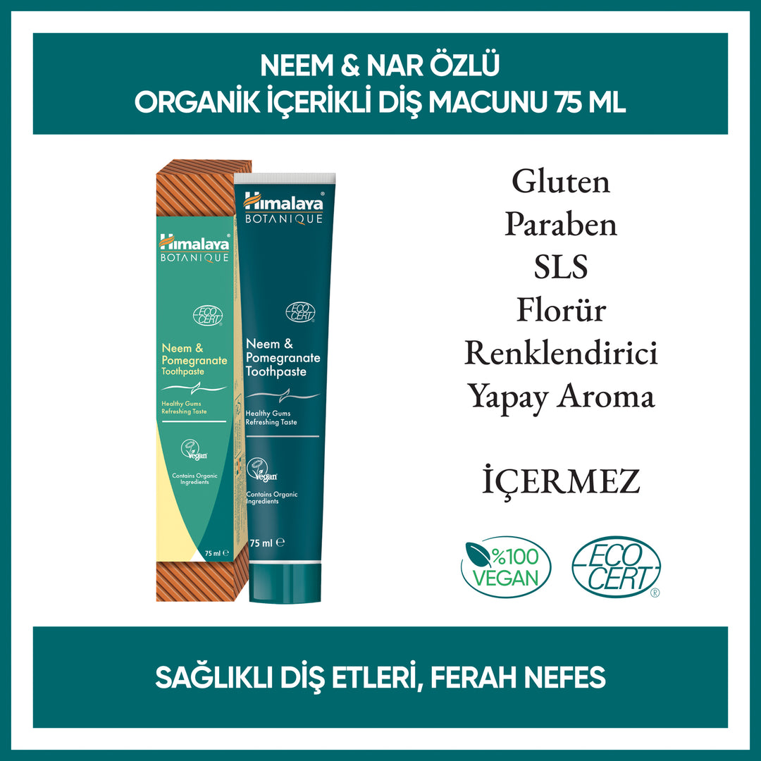 Organik İçerikli Diş Macunu, Neem Ve Nar Özlü, 100% Vejeteryan, EcoCert sertifikasına sahip, 75 ml