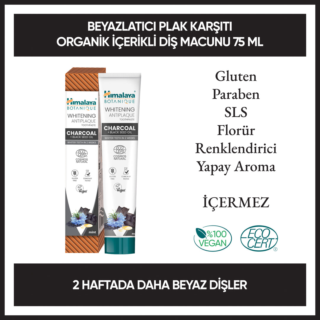 Kömür & Çörek Otu Yağı Beyazlatıcı Plak Karşıtı Organik İçerikli Diş Macunu, 100% Vejeteryan, EcoCert sertifikasına sahip, 75 ml
