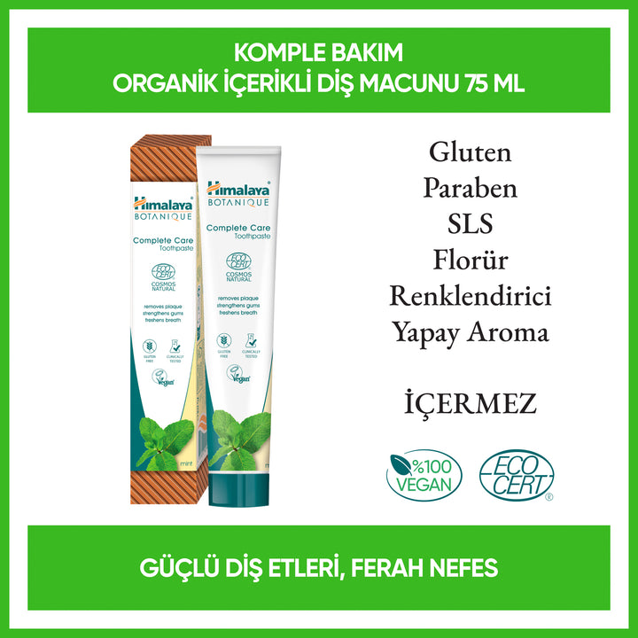 Komple Bakım Organik İçerikli Diş Macunu, 100% Vejeteryan, EcoCert sertifikasına sahip, 75 ml
