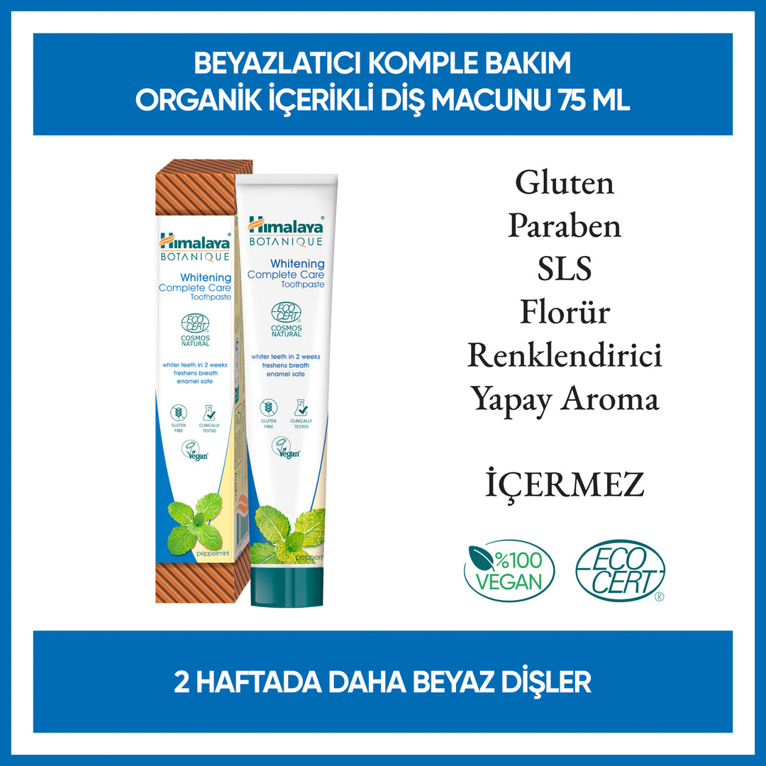 Beyazlatıcı Komple Bakım Organik İçerikli Diş Macunu, 100% Vejeteryan, EcoCert sertifikasına sahip, 75 ml